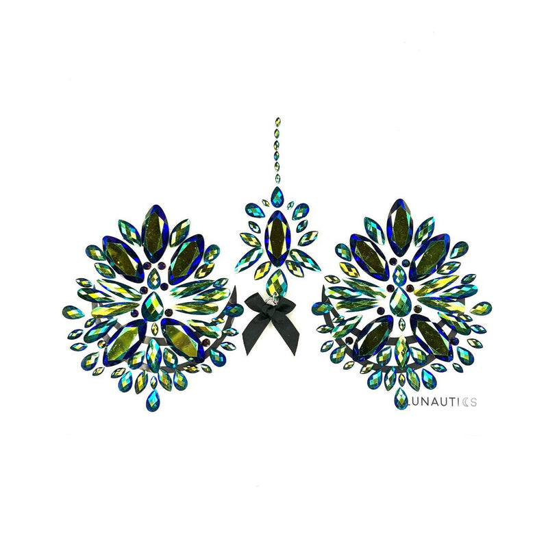 Lunautics Showgirl Body Jewel Pasties - Black and Iridescent Green Body Jewel Rhinestone Sticker Pasties Jewel Pasties