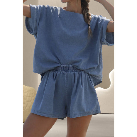 Round Neck Short Sleeve Top and Shorts Denim Set