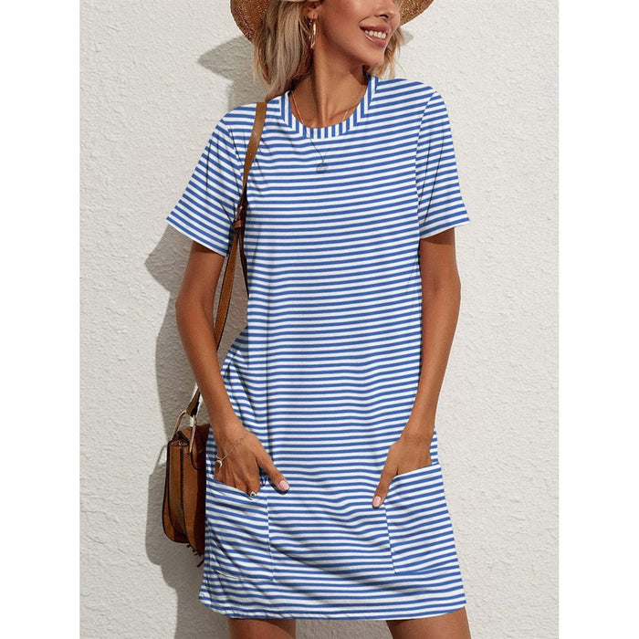 Pocketed Striped Round Neck Short Sleeve Dress