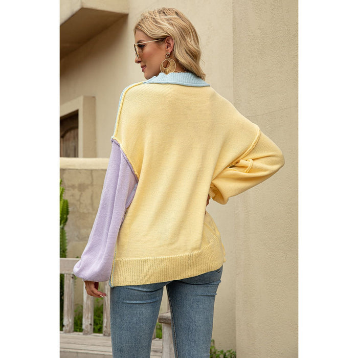 Color Block Round Neck Dropped Shoulder Sweater