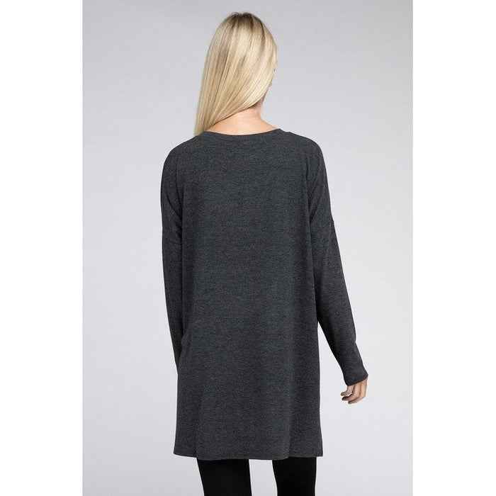 Dolman Long Sleeve V-Neck Side Slit Hi-Low Hem Top