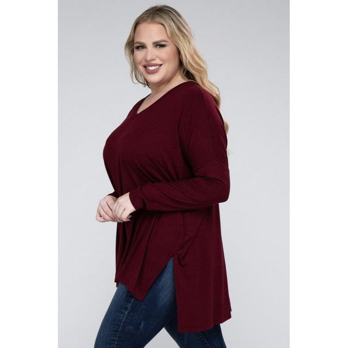 Plus Dolman Sleeve V-Neck Side Slit Hi-Low Hem Top