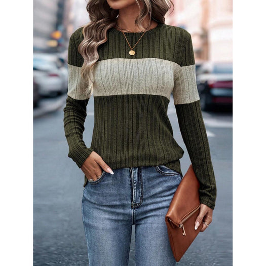 Color Block Round Neck Long Sleeve Top