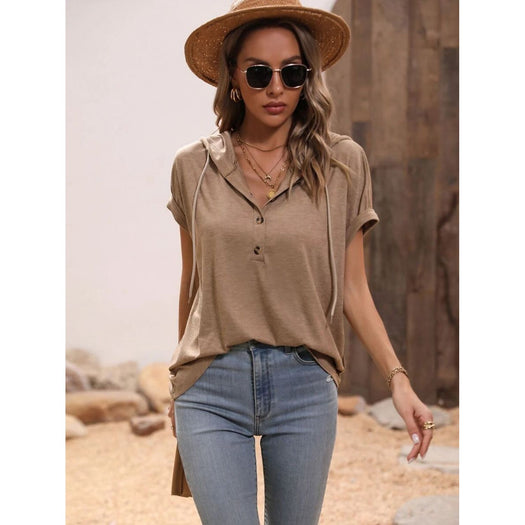 Half Button Hooded Short Sleeve Blouse