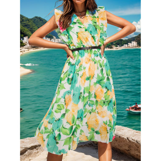 Ruffled Printed Surplice Cap Sleeve Dress