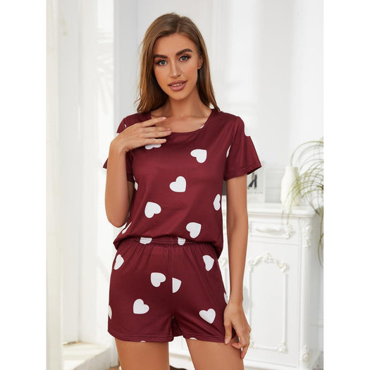 Heart Round Neck Top and Shorts Lounge Set