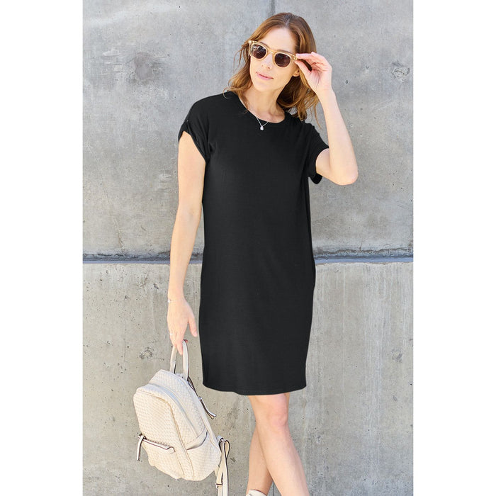 Round Neck Short Sleeve Dress with Pockets