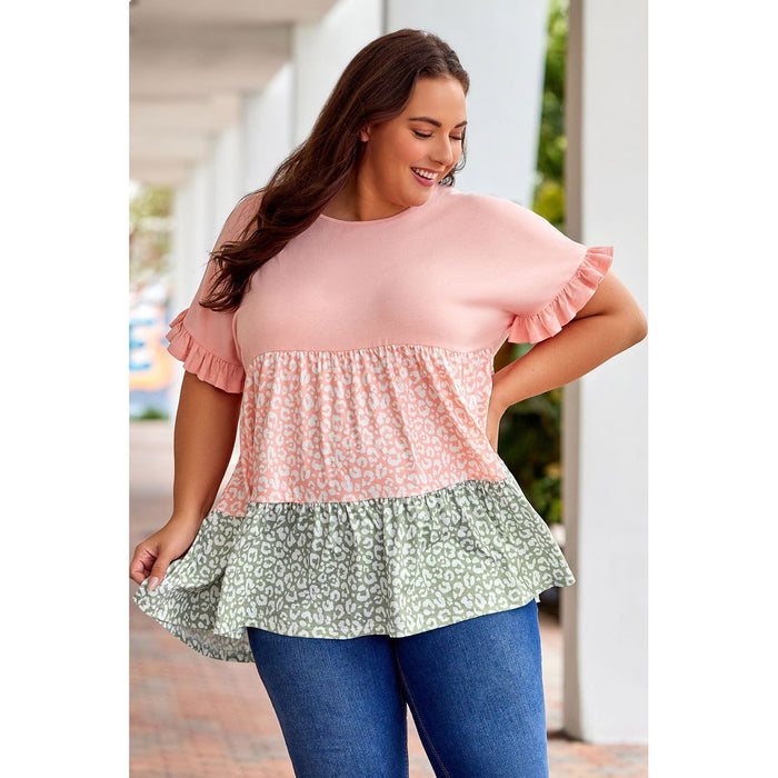 Ruffled Short Sleeve Leopard Splicing Flowy Plus Size Top