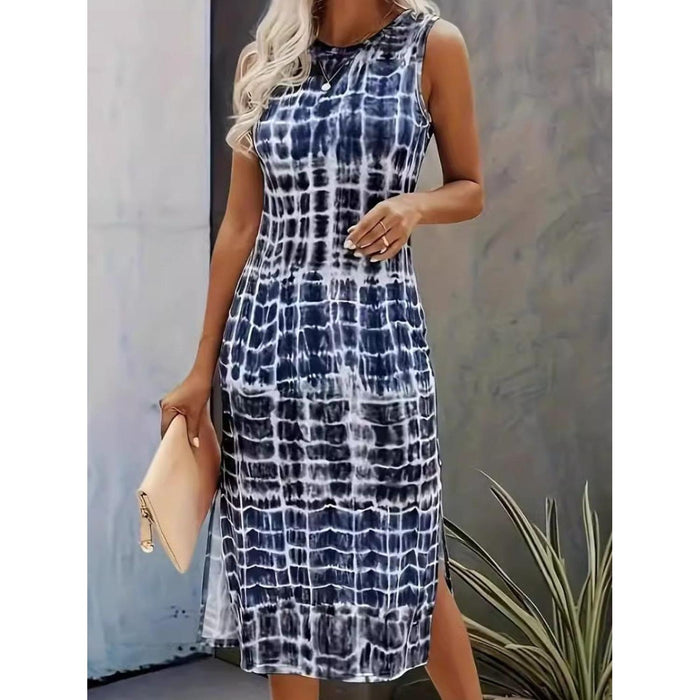 Slit Printed Round Neck Sleeveless Dress