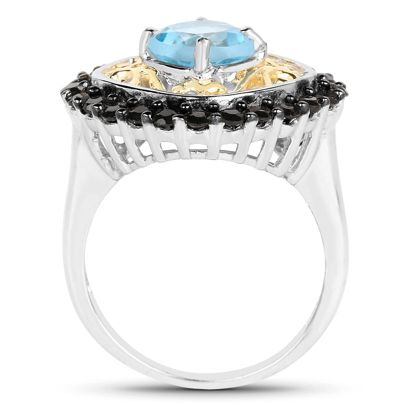 Bids.com Two Tone Plated 2.85 Carat Genuine Swiss Blue Topaz and Black Spinel .925 Sterling Silver Ring Rings