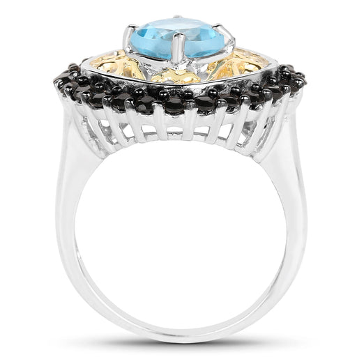 Bids.com Two Tone Plated 2.85 Carat Genuine Swiss Blue Topaz and Black Spinel .925 Sterling Silver Ring Rings
