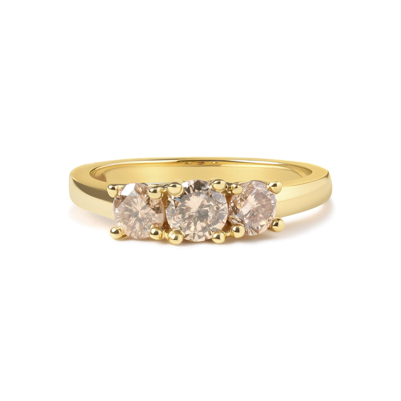 Bids.com 10K Yellow Gold 1.00 Cttw Champagne Diamond 3-Stone Band Ring (J-K Color, I1-I2 Clarity)  - Size 7 Rings