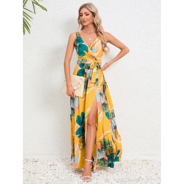 Slit Tied Printed Surplice Dress