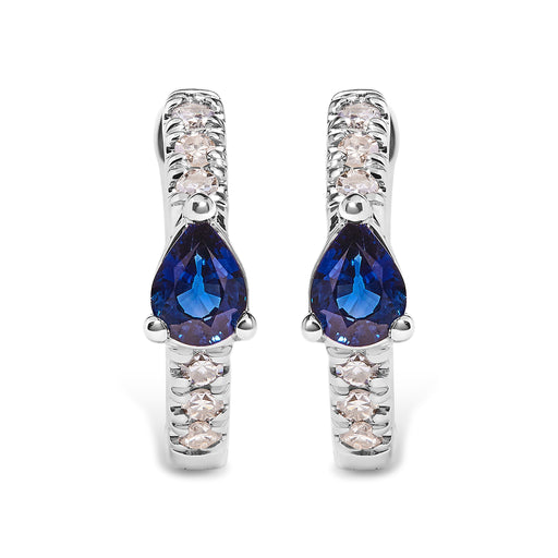 Bids.com 10K White Gold Pear Shaped Blue Sapphire and 1/10 Cttw Diamond Huggy Hoop Earrings (H-I Color, I1-I2 Clarity) Earrings