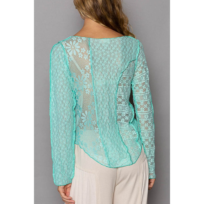 POL Exposed Seam Long Sleeve Lace Knit Top