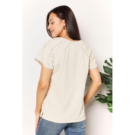 Double Take Crochet Buttoned Short Sleeves Top