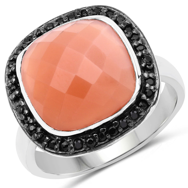 Bids.com 6.46 Carat Genuine Peach Moonstone and Black Spinel .925 Sterling Silver Ring Rings