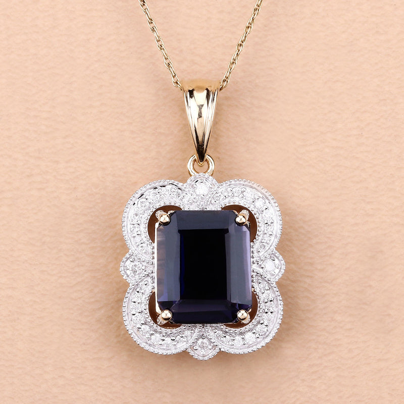 Bids.com 4.07 Carat Genuine Iolite and White Diamond 14K Yellow Gold Pendant Pendants