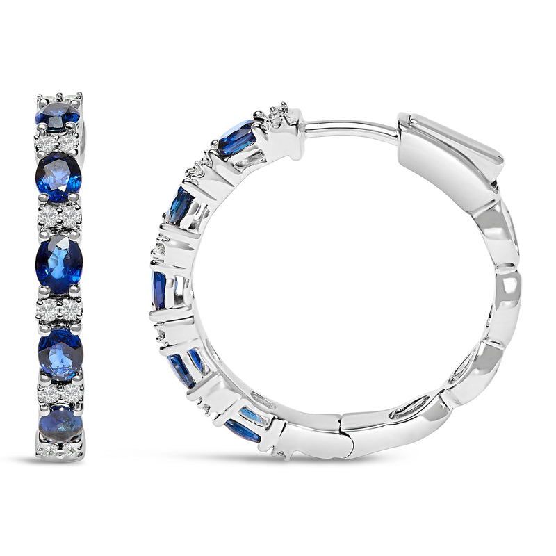 Bids.com 14K White Gold 4x3mm Oval Blue Sapphire and 1/4 Cttw Diamond Alternating Hoop Earring (I-J Color, SI2-I1 Clarity) Earrings