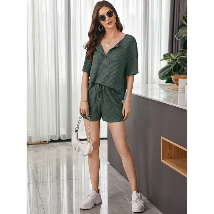 Waffle-Knit Dropped Shoulder Top and Shorts Set