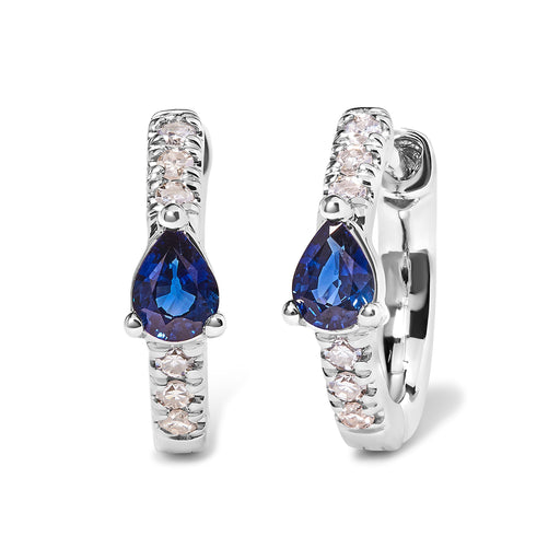 Bids.com 10K White Gold Pear Shaped Blue Sapphire and 1/10 Cttw Diamond Huggy Hoop Earrings (H-I Color, I1-I2 Clarity) Earrings