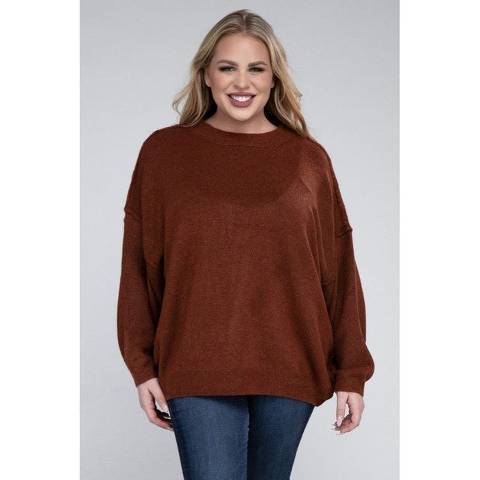 Plus Oversized Round Neck Raw Seam Melange Sweater