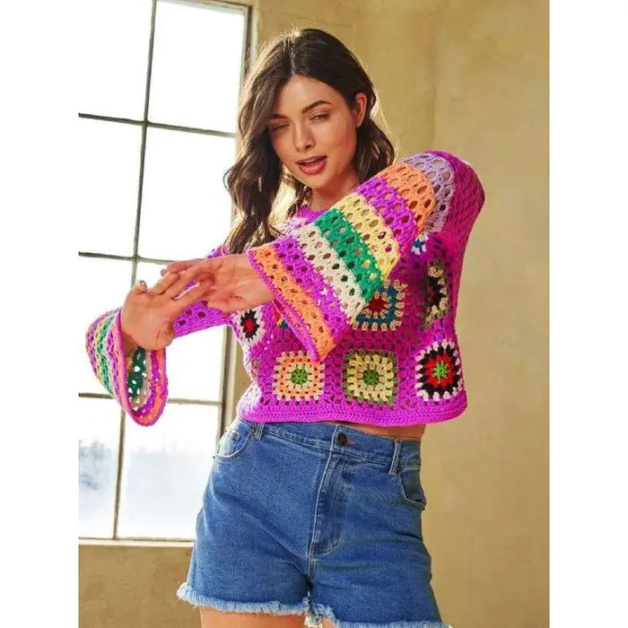 Floral Crochet Striped Sleeve Cropped Knit Sweater