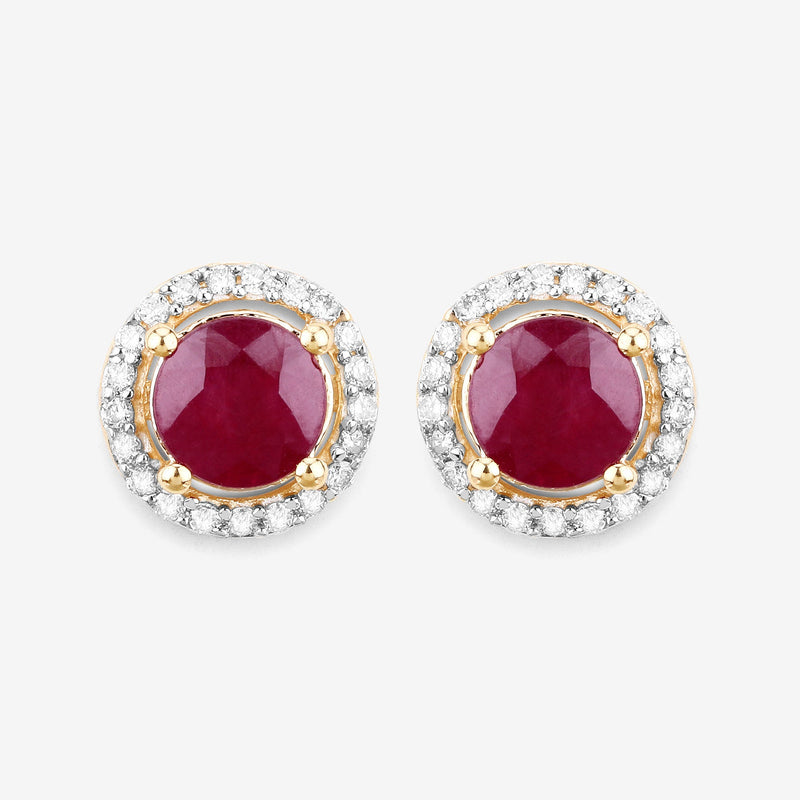 Bids.com 1.22 Carat Genuine Ruby and White Diamond 14K Yellow Gold Earrings Earrings