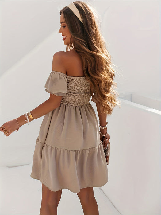 Ruched Ruffled Off-Shoulder Short Sleeve Dress