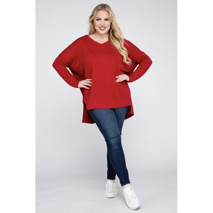 Plus Dolman Sleeve V-Neck Side Slit Hi-Low Hem Top