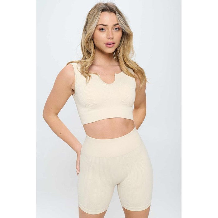 2 piece Seamless Ribbed Tank Top  Biker Shorts Set