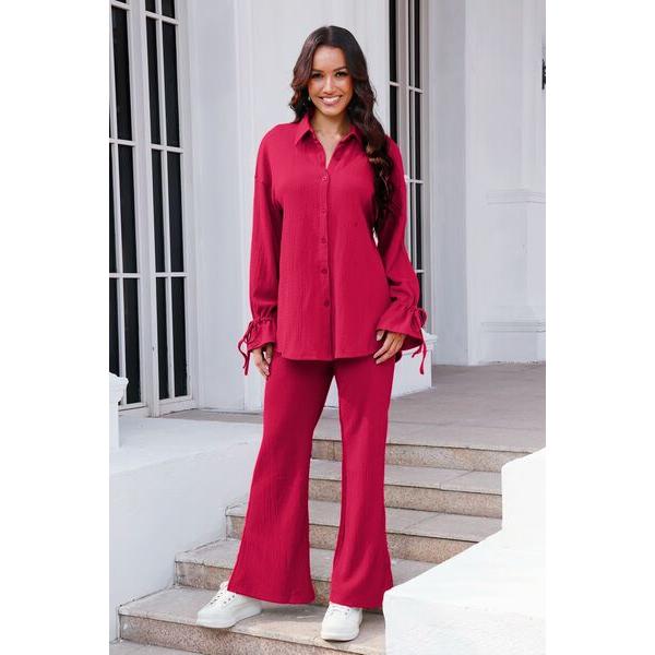 Drawstring Flounce Sleeve Shirt and Pants Set