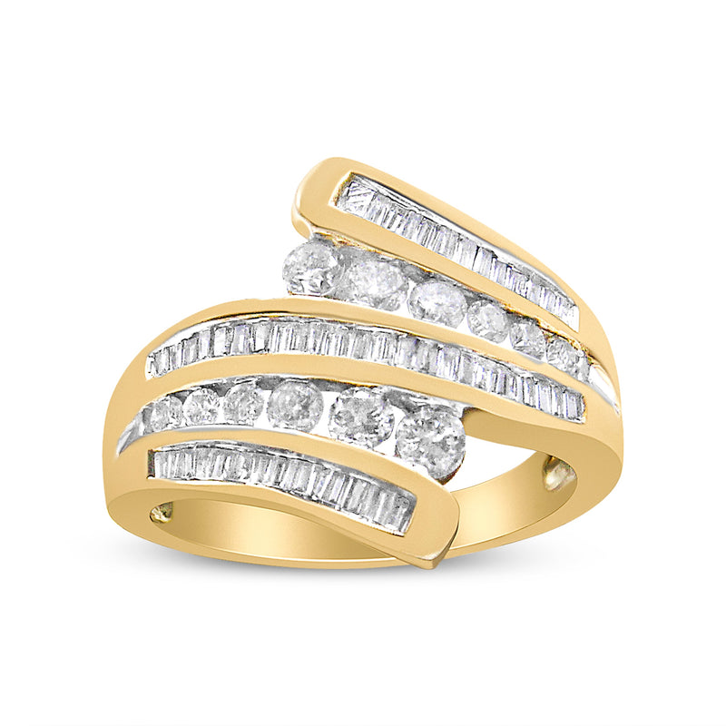 Bids.com 10K Yellow Gold 1 Cttw Round and Baguette-Cut Diamond Multi Row Bypass Ring Band (H-I Color, I1-I2 Clarity) - Ring Size 7 Rings