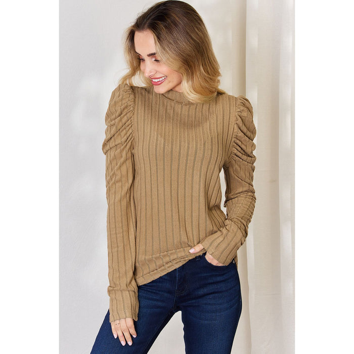 Basic Bae Ribbed Mock Neck Puff Sleeve T-Shirt