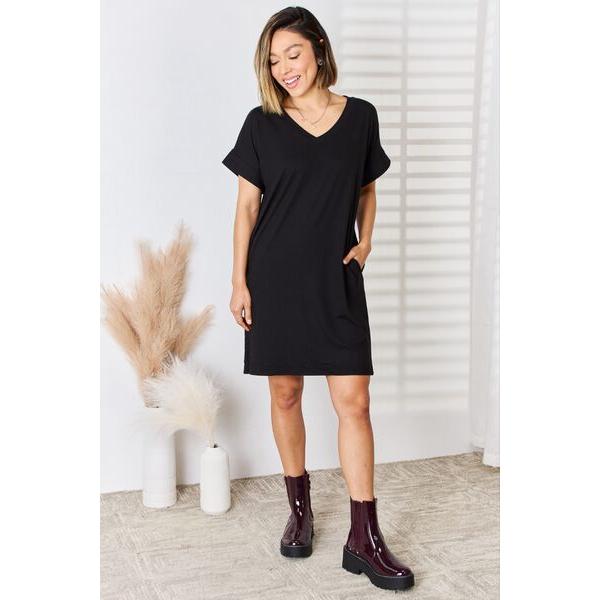 Zenana | Rolled Short Sleeve V-Neck Dress in Black