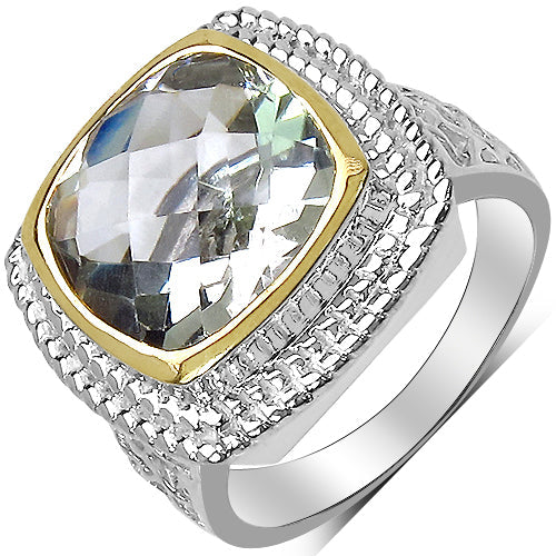 Bids.com 6.31 Carat Genuine Green Amethyst & White Diamond .925 Sterling Silver Ring Rings