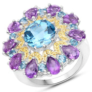 Bids.com 8.86 Carat Genuine London Blue Topaz and Amethyst .925 Sterling Silver Ring Rings