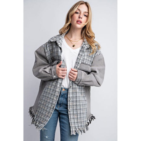 TWEED MIXED DENIM JACKET SHACKET WITH FRINGED HEM