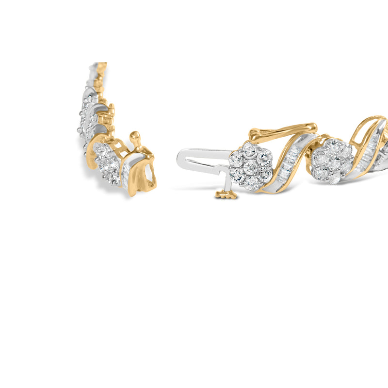 Bids.com 10k Yellow Gold 5.00 Cttw Round-Cut and Baguette-Cut Diamond Floral Link 7.25" Bracelet (I-J Color, I2-I3 Clarity) Bracelets