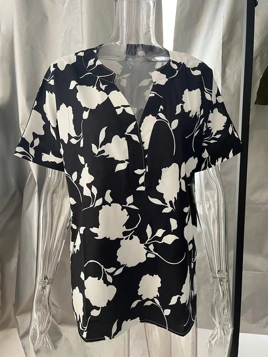 Printed Notched Short Sleeve Blouse