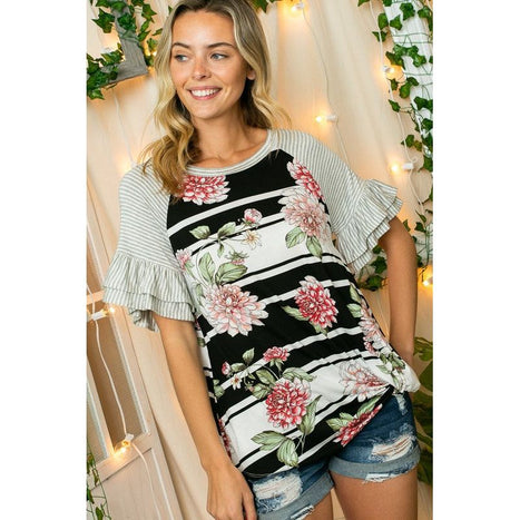 Plus Floral Stripe Ruffle Sleeve Top