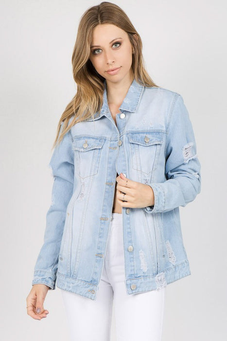 Letter Patched Distressed Denim Jacket in Light Blue