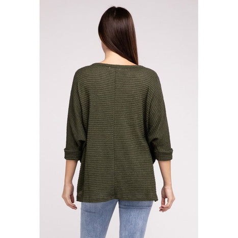 3/4 Sleeve V-Neck Hi-Low Hem Jacquard Sweater