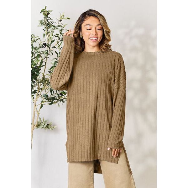 Basic Bae Ribbed Round Neck Long Sleeve Slit Top