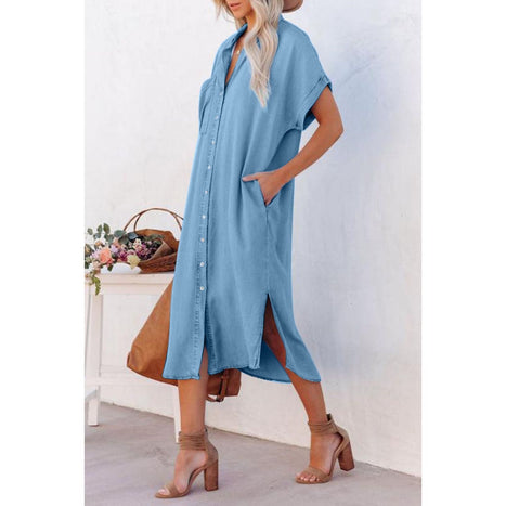 Slit Button Up Short Sleeve Denim Dress