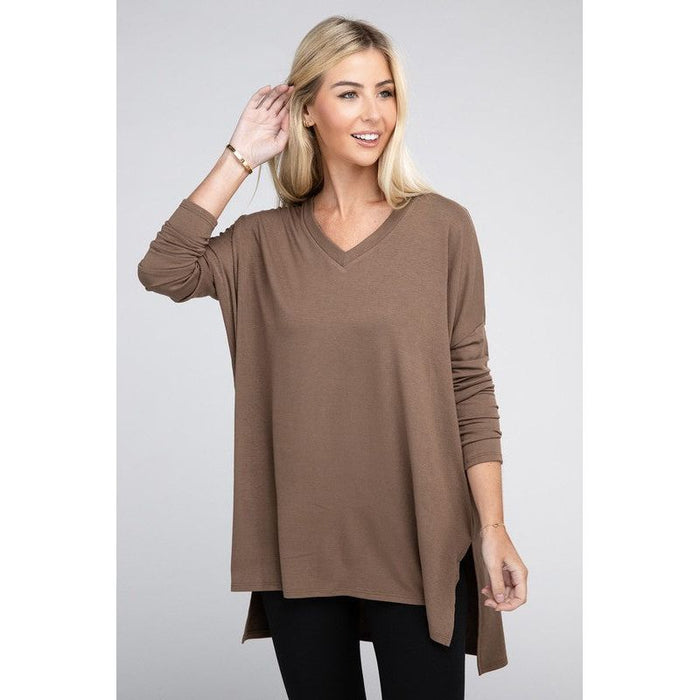 Dolman Long Sleeve V-Neck Side Slit Hi-Low Hem Top