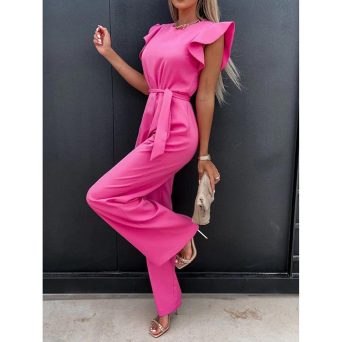 Ruffled Round Neck Cap Sleeve Jumpsuit