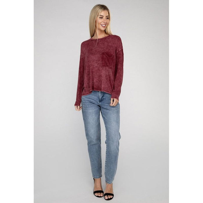 Washed Ribbed Dolman Sleeve Round Neck Top