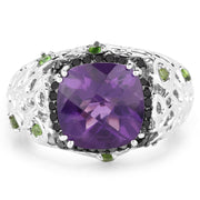 Bids.com 3.27 Carat Genuine Amethyst, Chrome Diopside & Black Diamond .925 Sterling Silver Ring Rings
