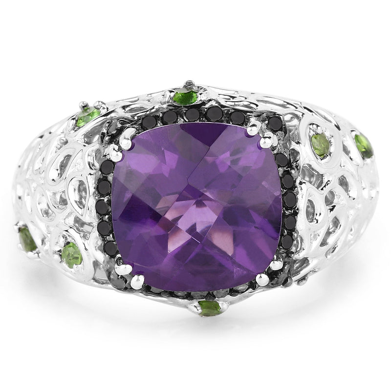 Bids.com 3.27 Carat Genuine Amethyst, Chrome Diopside & Black Diamond .925 Sterling Silver Ring Rings